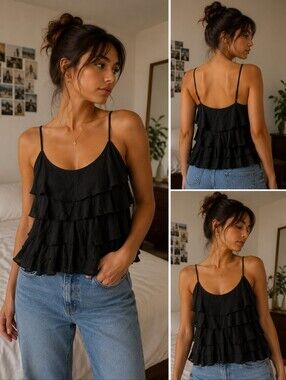 I.N. San Francisco Black Satin Spaghetti Strap Layered Tank Size S